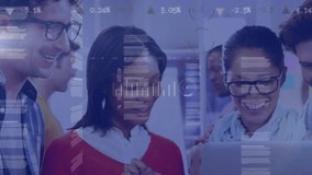 Animation of icons, graphs and trading board over diverse coworkers sharing ideas in office. Digital composite, multiple exposure, report, business, teamwork, stock market and technology concept. - Powered by Shutterstock - Get 15% off with code: PIKWIZARD15