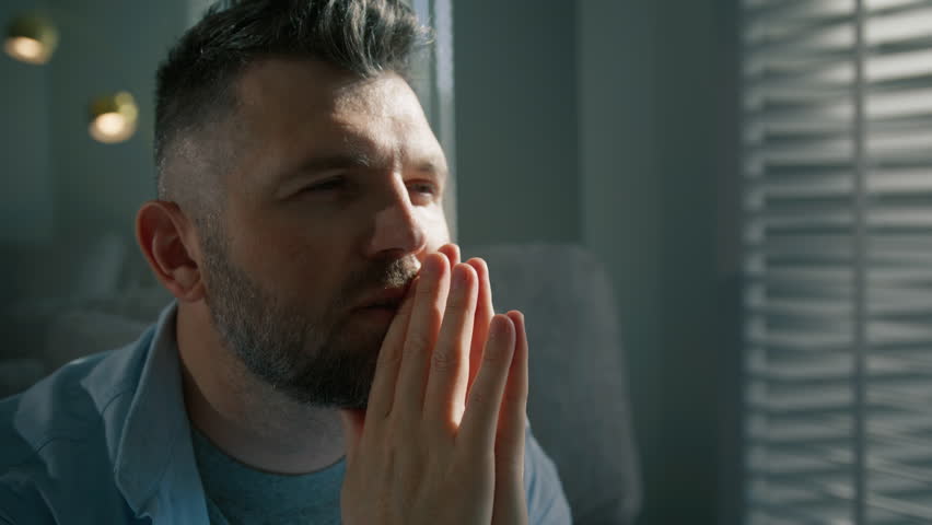 Thoughtful serious mature man thinking of inspiration, searching problem solution ideas, lost in thoughts, dreaming about better life or health, looking away. Cinematic shot male mindfulness concept  Royalty-Free Stock Footage #1111401881