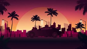 Car and city in neon cyberpunk style. 80s retrowave background 3d animation. Retro futuristic car drive through neon city.
