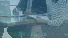 Animation of changing numbers over caucasian partners shaking hands in meeting at office. Digital composite, business, data processing, coding, teamwork, agreement, deal, discussion. - Powered by Shutterstock - Get 15% off with code: PIKWIZARD15