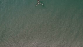 Young woman swimming on surface of water and running by the sea along the shore with dogs. Aerial drone video