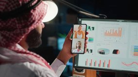 Islamic teleworker and coworkers in internet video call checking analytics statistical data sets. Arab employee optimizing key performance indicators in teleconference meeting, close up - Powered by Shutterstock - Get 15% off with code: PIKWIZARD15