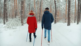 Couple Practicing Nordic Walking In Forest. Sticks Walking On Winter Wood. Sport Activities Healthy Lifestyle. Nordic Walking With Trekking Sticks. Winter Adventure Hiking. Sport Recreation Exercising - Powered by Shutterstock - Get 15% off with code: PIKWIZARD15
