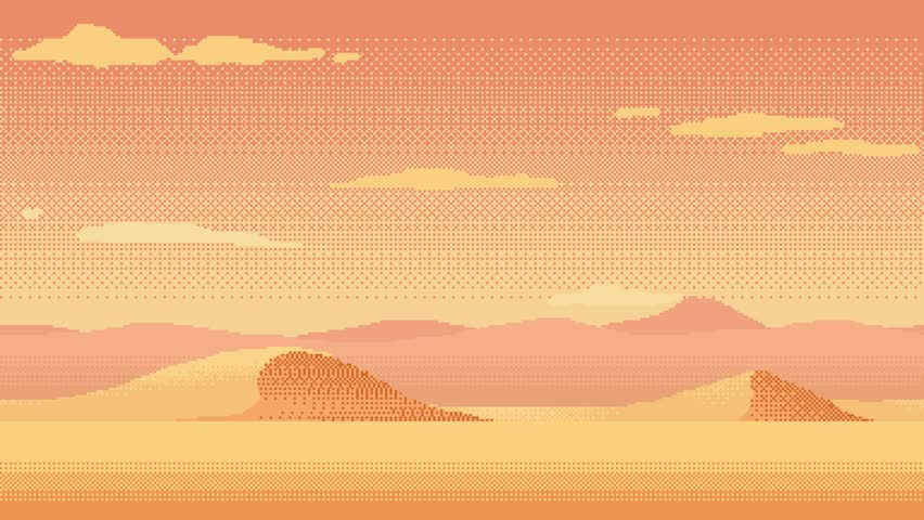 Pixel art loop animation of desert landscape. Animated 8bit seamless background with sand mountains and moving clouds. Pixelated template for computer game or application. - Powered by Shutterstock - Get 15% off with code: PIKWIZARD15