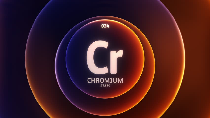 Chromium as Element 24 of the Periodic Table. Concept animation on abstract blue orange gradient rings seamless loop background. Title design for science content and infographic showcase backdrop.