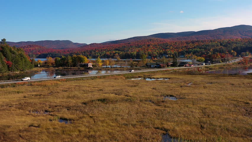 Aerial view of Fall (Autumn) foliage around ponds in upstate New York.