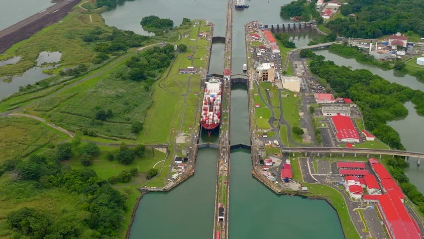 Panama Canal, Canal locks, Maritime Transit, container ship, Gatun Lake, climate change, Panama mining Royalty-Free Stock Footage #1111416635