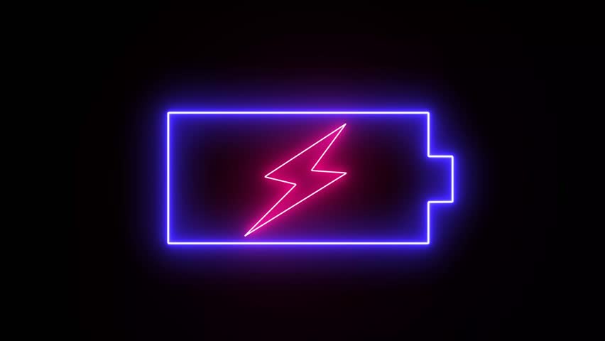 Glowing blue and purple neon line Battery icon animated video. Lightning blinking purple bolt symbol - Powered by Shutterstock - Get 15% off with code: PIKWIZARD15