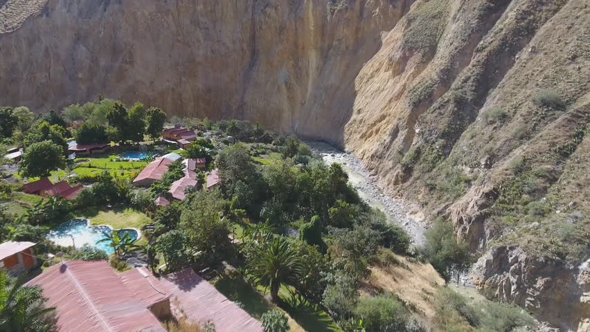Oasis Sangalle at the bottom of Colca canyon, Peru (aerial photography)
