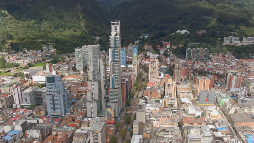 Bogota is the capital of Colombia, a large metropolis located high above sea level. Central area of Bogota, La Candelaria. (aerial view)