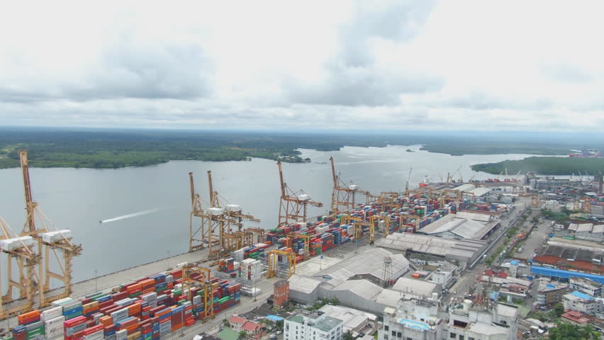 Aerial view of the cargo port of Buenaventura, Valle del Cauca, Colombia. Buenaventura is currently the most important Colombian port on the Pacific Ocean.