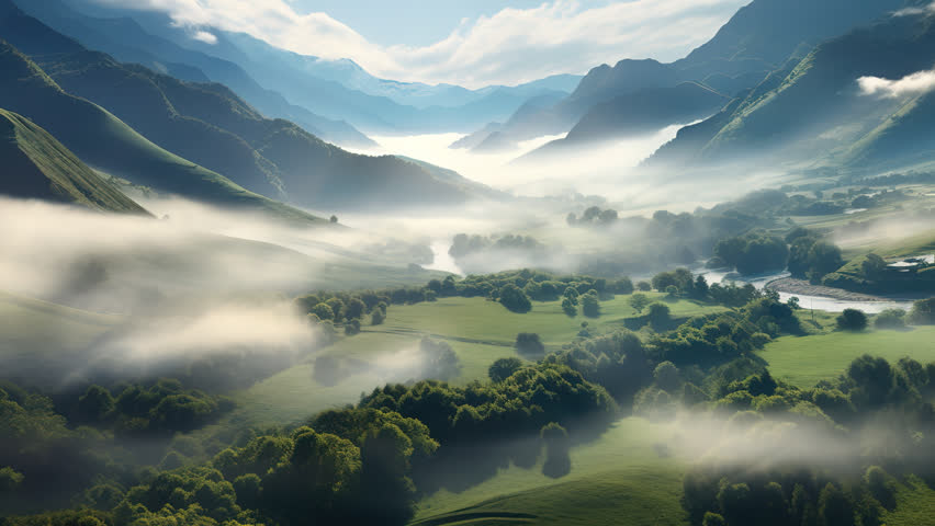 Aerial View Of A Valley With Fog Mountain And A River 