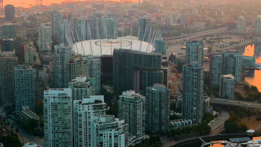 Aerial view of the skyscrapers in Downtown of Vancouver at dawn, Canada