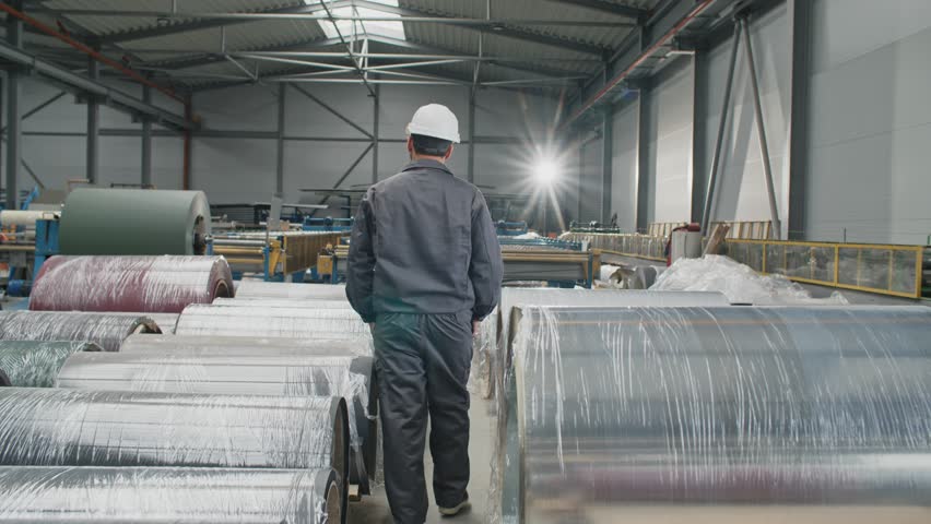 Rear view on hardworking man walking among industrial objects covered with transparent film. Worker with safety equipment checking manufacturing products in warehouse. Fabrication process. | Shutterstock HD Video #1111440321