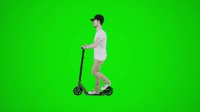 3d green screen male trainer riding scooter in the streets of Europe from the back angle chroma key animation crowd Isolated group interior exterior scenes Visual effect visualization