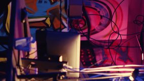 Vertical video Panning shot of secret underground ghetto used as gathering place by hackers and gangsters. Computer screens in neon lit empty place used by hackers to escape from being arrested by law - Powered by Shutterstock - Get 15% off with code: PIKWIZARD15