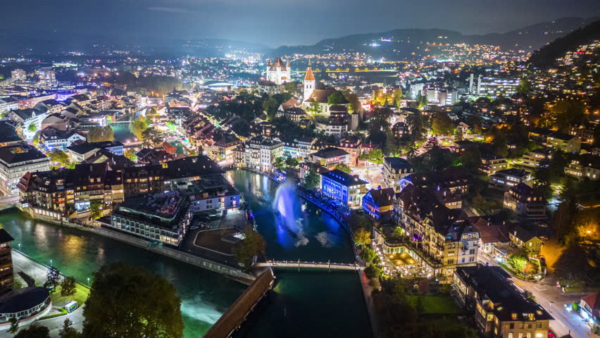 Thun, Switzerland light show from above at night. Royalty-Free Stock Footage #1111442633