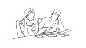 Self drawing animation of single line draw of stressful couple worker facing pile of document papers on desk office. Work deadline overload project concept. Continuous line draw. Full length animated - Powered by Shutterstock - Get 15% off with code: PIKWIZARD15