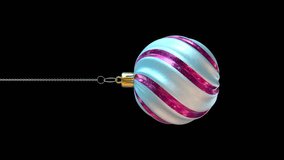 Pink Striped White Snow Christmas Tree Ornament is Falling and Dangling on Silver Chain. Vertical 4K Animation on Transparent Background. - Powered by Shutterstock - Get 15% off with code: PIKWIZARD15