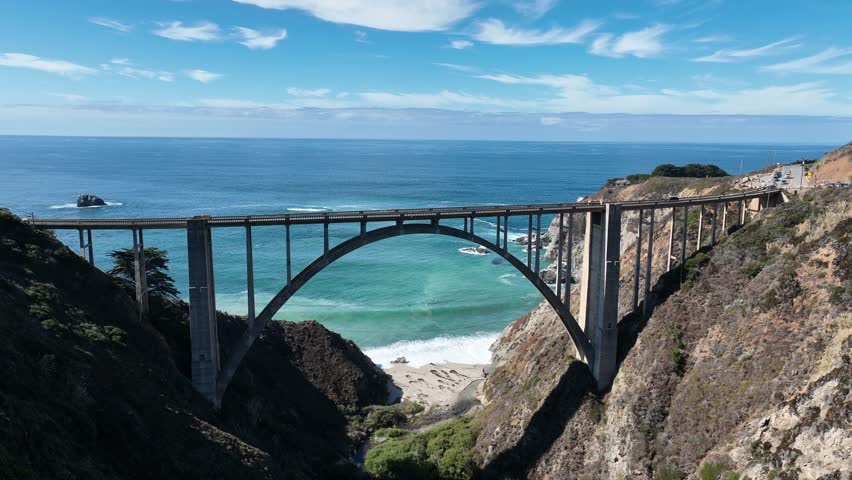 Bixby Creek Bridge At Highway 1 In California United States. Architecture Road Trip In Ocean Road Of California. Seaside Landscape. Bixby Creek Bridge At Highway 1 In California United States. Royalty-Free Stock Footage #1111460301