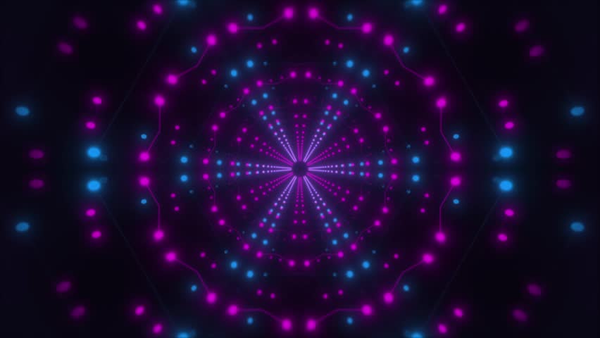 Blue pink circular tunnel graphic abstract modern bright color kaleidoscope floodlight lights flashing wall modern art design element rotor intro amazing computer graphics neon lines dots 4k  Royalty-Free Stock Footage #1111460331
