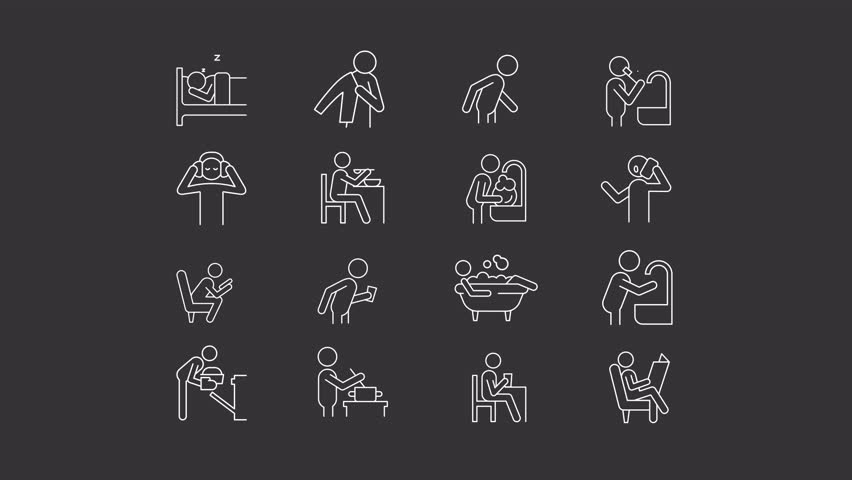 Set of 2D white icon simple animations representing human behavior, HD video with transparent background, seamless loop 4K video.