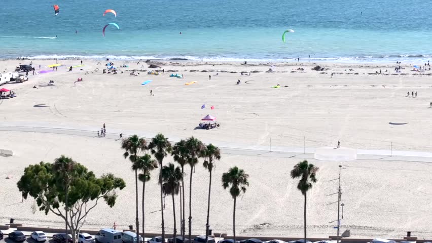 Kiteboaders all along the waterfront at Long Beach, California - aerial