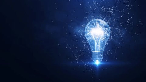 Electric light bulb bright polygonal connections on a dark blue background. Technology concept innovation artificial intelligence brainstorming business success. 库存视频