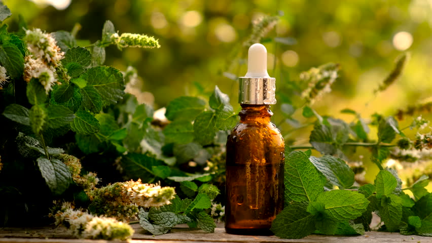Peppermint essential oil in a bottle. Selective focus. Royalty-Free Stock Footage #1111471139