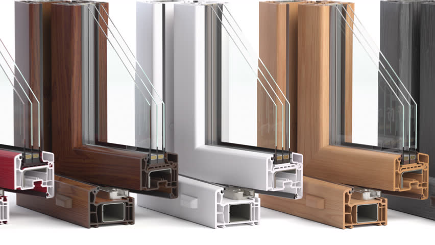 Plastic PVC windows profile of different colors. Cross section. 3d animation