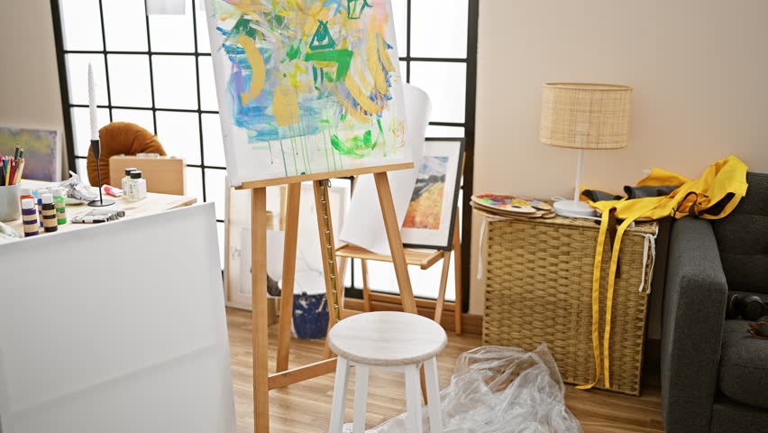 Steeped in thought, young chinese man artist, ensconced in his art studio, sits on a chair, absorbed in drawing and paintbrush in hand, pausing to think Royalty-Free Stock Footage #1111481067