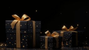 Merry christmas greetings with golden text on Black and gold gift boxes on black background. Banner