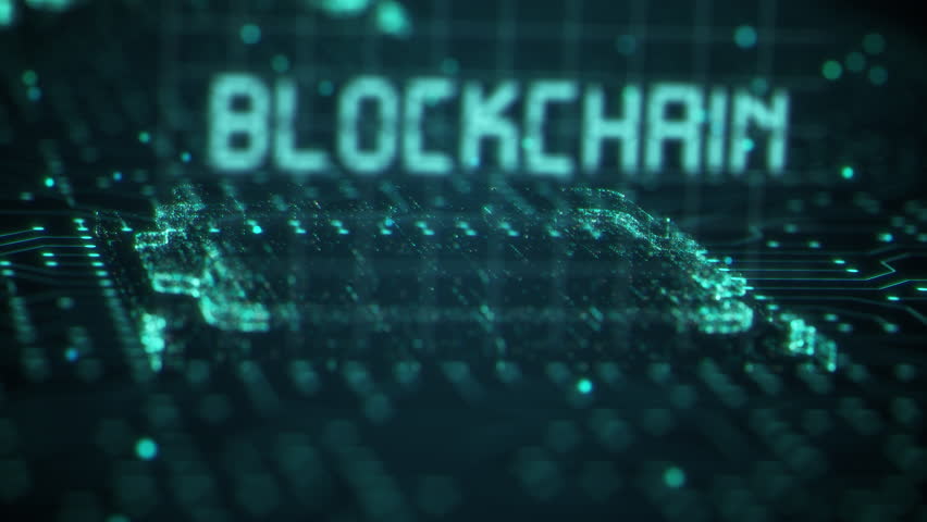 Futuristic blockchain title on a PCB digital circuit board background. Abstract block chain cpu miner with motherboard. Concept of crypto currency exchange and mining Royalty-Free Stock Footage #1111482691