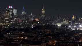 Establishing Aerial View Shot of New York at night evening, NYC, super clear image, flying low, great foreground, Uptown Manhattan