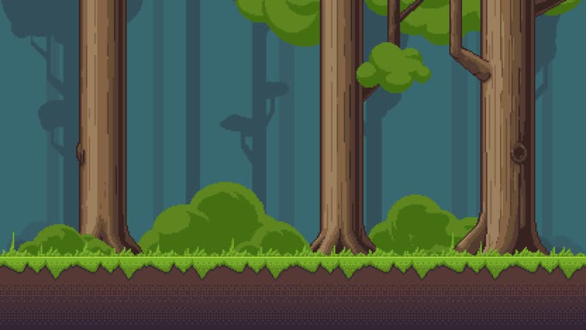 Pixel art loop animation of forest landscape. Animated 8bit seamless background with bushes and trees in dusky weather. Pixelated template for computer game or application.