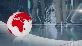 Animation of globe and arrow up signs over back view of diverse businesspeople walking in corridor. Digital composite, business, progress, growth, globalization, teamwork, passage and office. - Powered by Shutterstock - Get 15% off with code: PIKWIZARD15