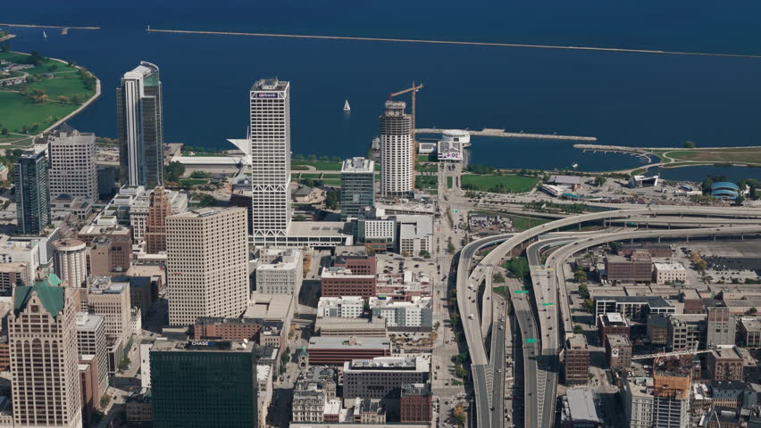 Aerial view of downtown Milwaukee city, Michigan lake shoreline. 