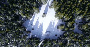 Winter scenery. Snowy wooden hut on the lawn. Forest covered in snow. Drone view. Aerial view. Landscape on the cold morning. Trees in the snowdrifts. Touristic resort Carpathian, Europe