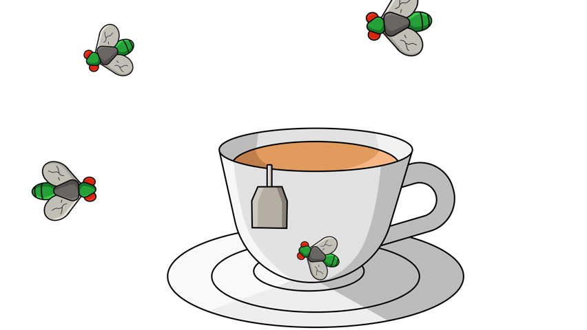Animation of a cup of tea being infested with flies