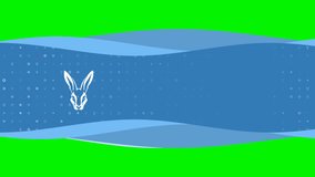 Animation of blue banner waves movement with white hare's head symbol on the left. On the background there are small white shapes. Seamless looped 4k animation on chroma key background