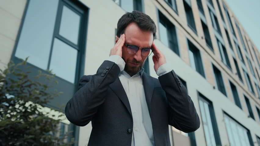 Sick ill Caucasian business man 30s businessman adult unhealthy tired exhausted manager feel pain eyestrain discomfort in city outdoors taking off glasses headache rubbing eyes unwell sight bad vision Royalty-Free Stock Footage #1111499701