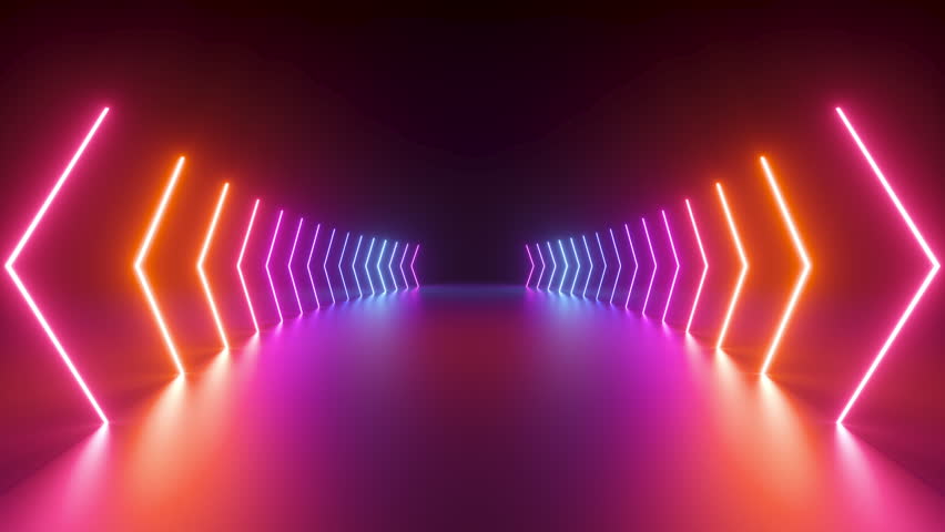 3d cycled animation, abstract pink red blue neon background with glowing gradient arrows, showing direction to the sides. Empty stage Royalty-Free Stock Footage #1111499907