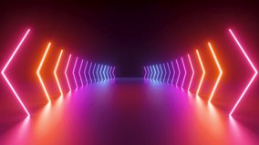 3d cycled animation, abstract pink red blue neon background with glowing gradient arrows, showing direction to the sides. Empty stage - Powered by Shutterstock - Get 15% off with code: PIKWIZARD15