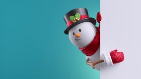 3d snowman toy looking out the corner, blinking, holding blank bannerl. Gold confetti falling. Happy New Year. Merry Christmas animated greeting card with copy space. Winter holiday background - Powered by Shutterstock - Get 15% off with code: PIKWIZARD15