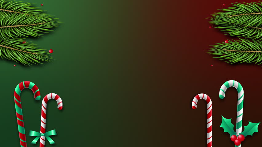4K Animated 2024 Happy New Year Decorative Design Christmas realistic decorations, Christmas Frame with decorated candy canes, Cypress tree, holly berries New year motion card with gradient design. 