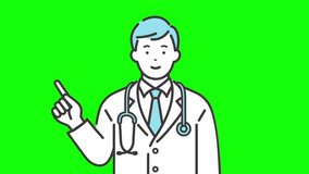A young male doctor pointing and explaining.  (chroma key, green back) 