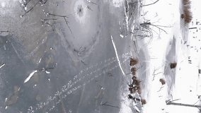 Vertical video. Frozen swamp. Aerial winter park. Drone view of frozen marsh with dry brown grass and ice dull cold morning in countryside.