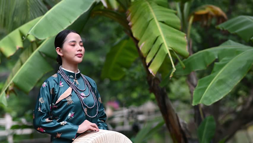 A young girl is wearing Vietnamese traditional style clothes, Nguyen Dynasty, Tran Dynasty. Video for tourism, culture, tradition, and the beauty of Asian people