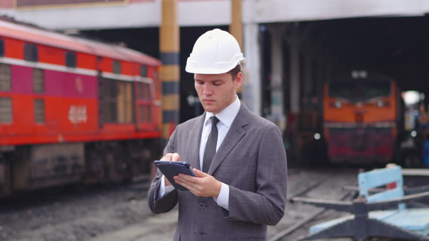 businesspeople working on tablet and checking train on construction site