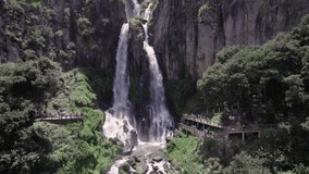 Touristic Waterfall attraction: Aerial Drone View of Nature's Splendor in Puebla, Mexico